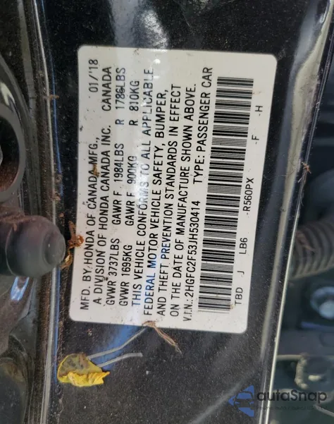 2018 Honda Civic Lx из США, поврежденный, VIN 2HGFC2F53JH530414